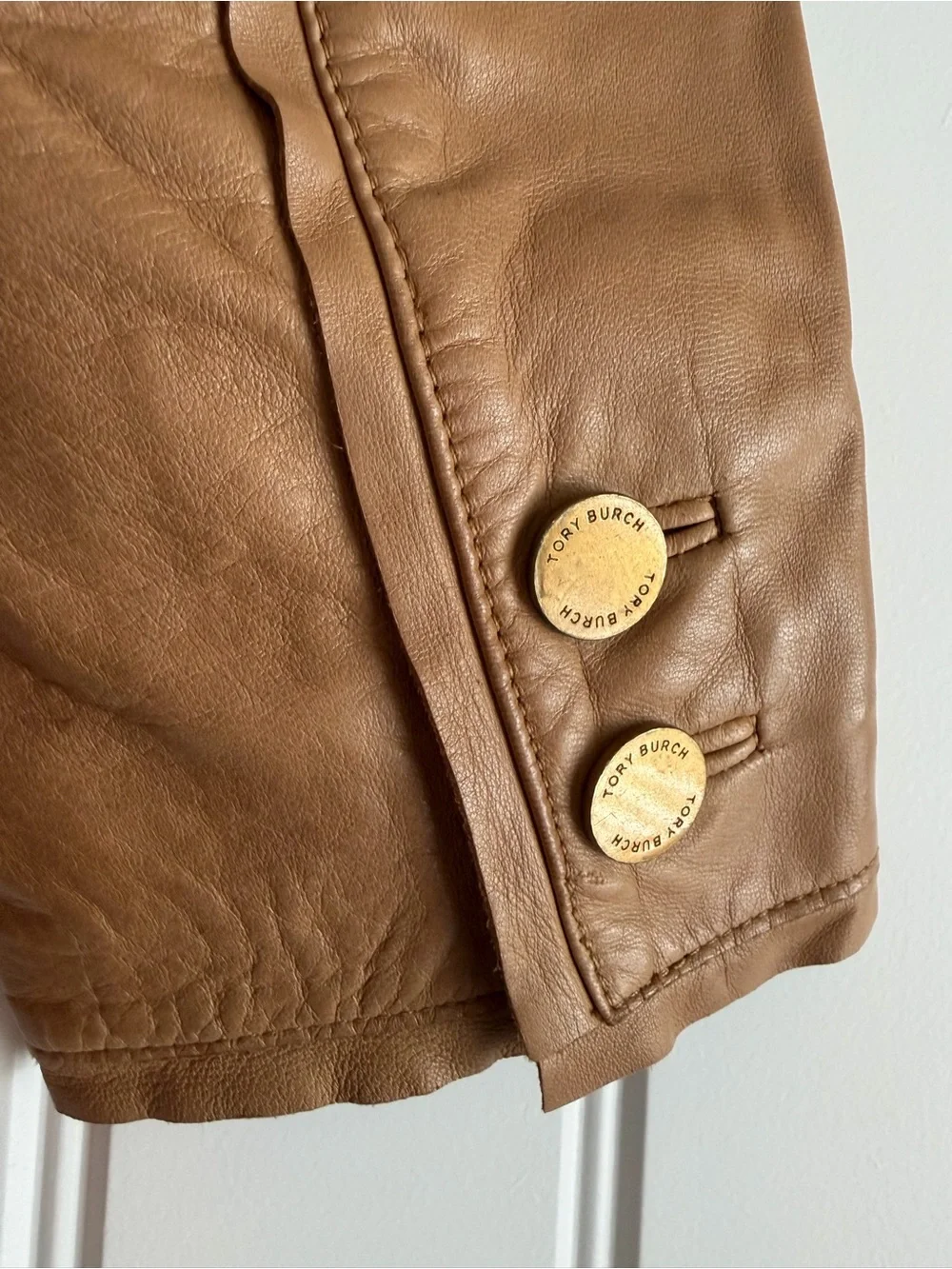 Tory Burch Ruffle Leather Jacket Tan Cognac Brown 3/4 Sleeve Full Zip Women Sz 6
